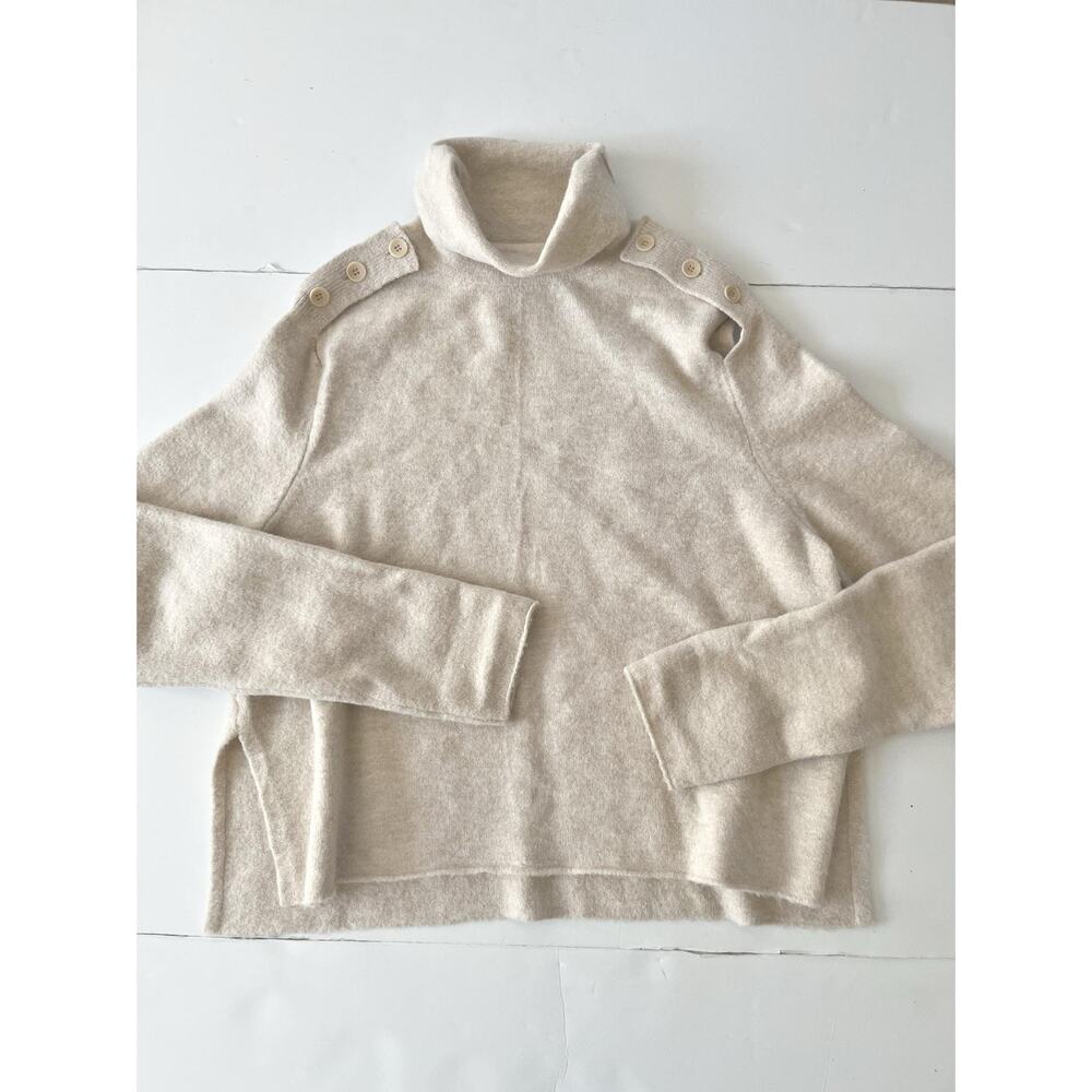 Tibi Sweater Women L Beige Button Shoulder Turtleneck Long Sleeve Wool Blend